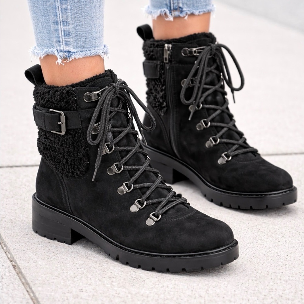 Sam Edelman Women’s Size 7 Tenlee Black Suede Combat Boots Shearling Lace Up